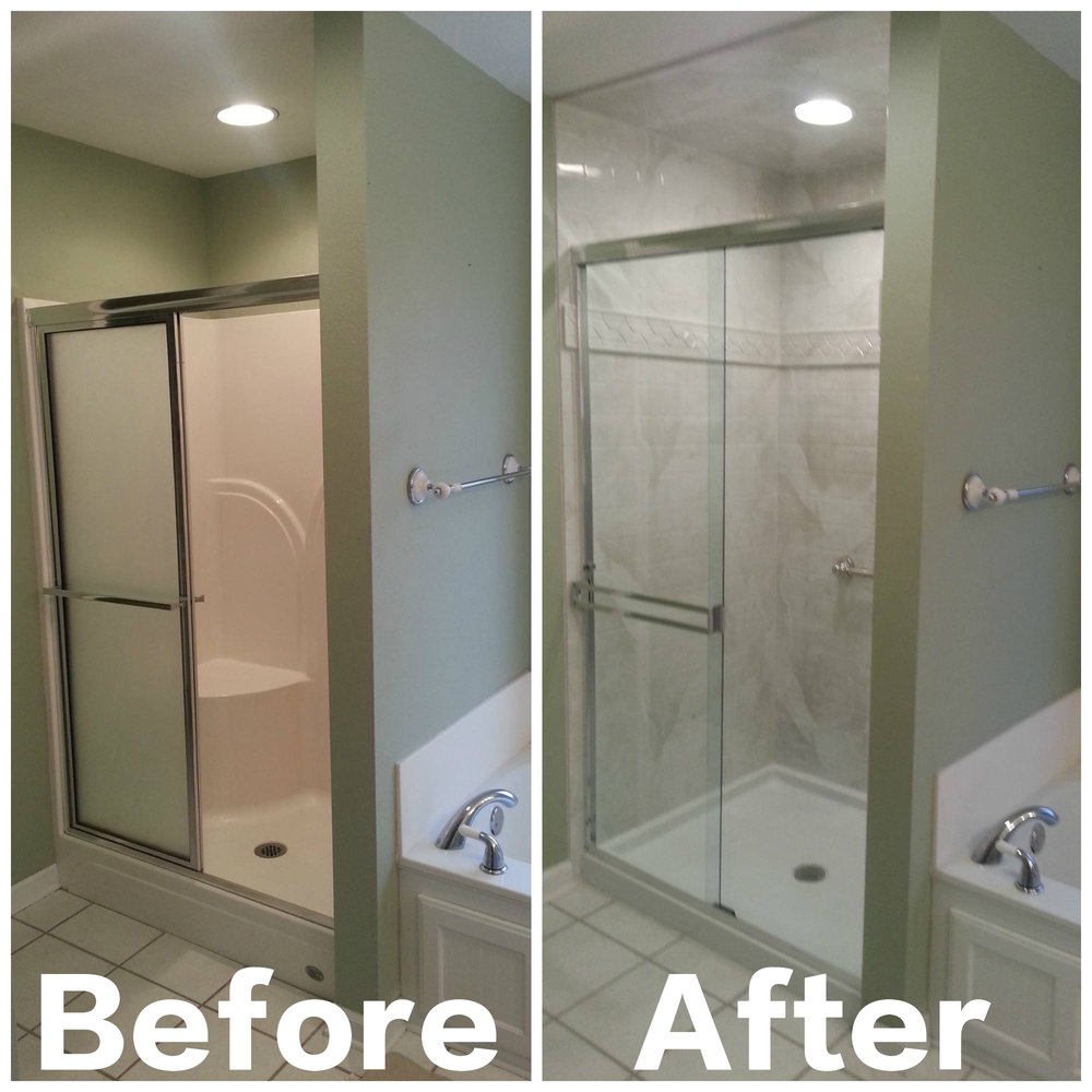 Before and after shower remodel with new glass