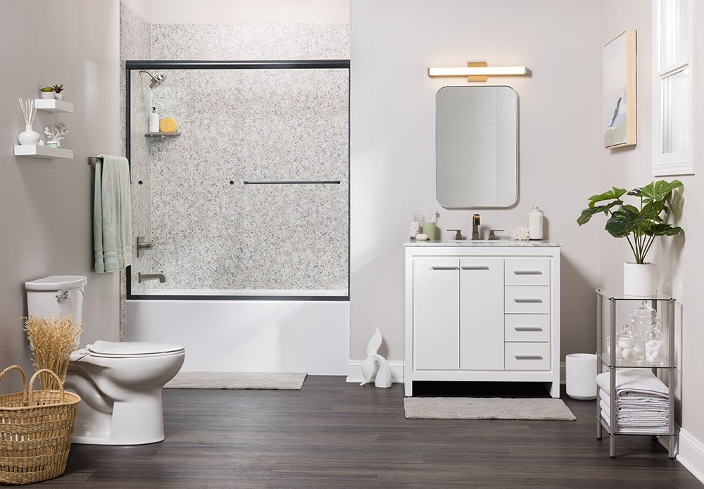 Tub and shower combo with a glass panel and new vanity