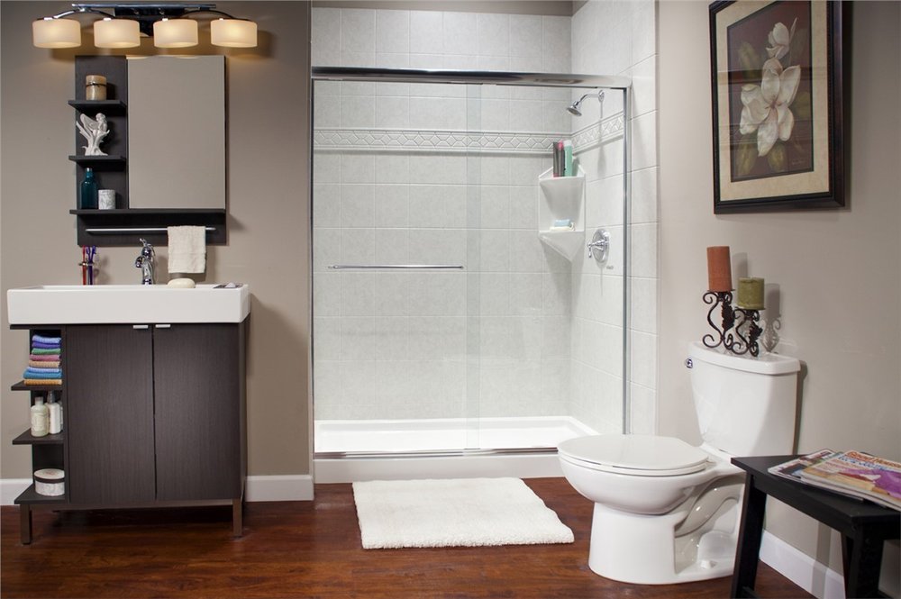Walk in shower with easy clean low maintenance walls