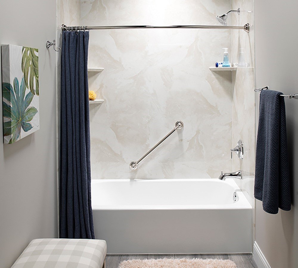 Tub and shower combo with marble look walls